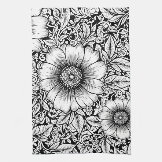 Chic Monochrome Floral Luxury Pattern (7) キッチンタオル (縦)