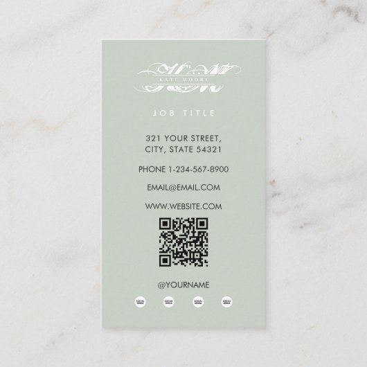 Chic Monogram Initials Professional Sage Green 名刺 (裏面)