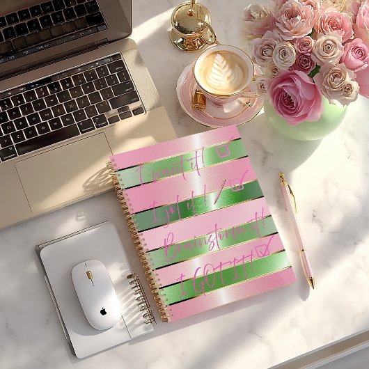 Chic Motivational Striped Pink and Green Quote  プランナー手帳
