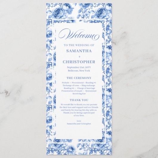 Chic Navy Blue Floral Toile Wedding Program プログラム (正面)