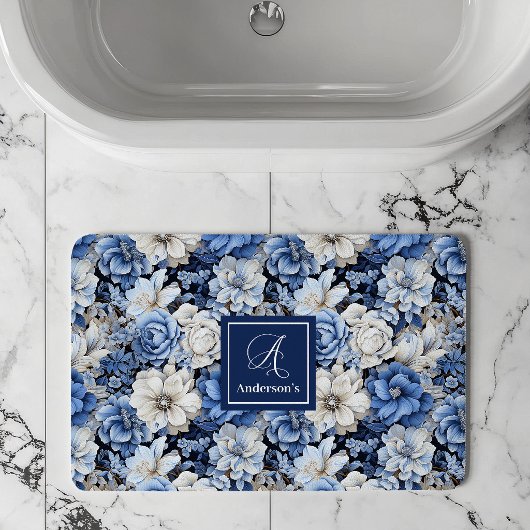 Chic Navy Blue Flowers Custom Name Bath Mat バスマット