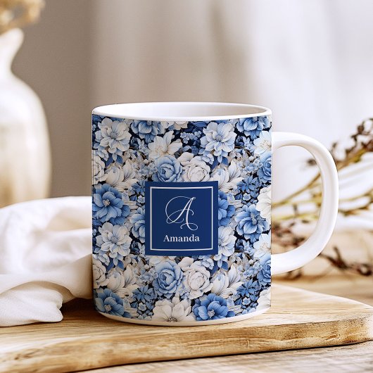 Chic Navy Blue Flowers Custom Name Coffee Mug コーヒーマグカップ