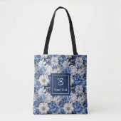 Chic Navy Blue Flowers Custom Name Tote Bag トートバッグ (正面)