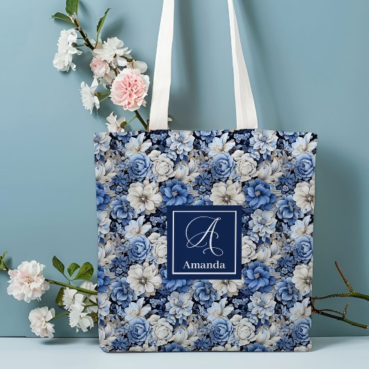 Chic Navy Blue Flowers Custom Name Tote Bag トートバッグ
