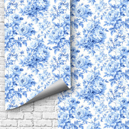 Chic Navy Blue French Toile Roses Floral Wallpaper 壁紙