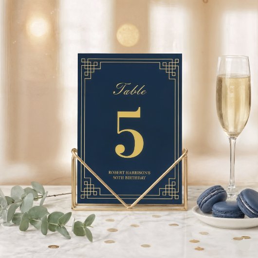 Chic Navy Blue Gold Art Deco 80th Birthday テーブルナンバー