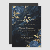 Chic Navy Blue Gold Floral Wedding Save the Date マグネット招待状 (正面/裏面)