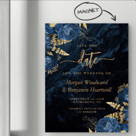 Chic Navy Blue Gold Floral Wedding Save the Date マグネット招待状