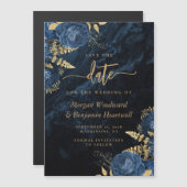 Chic Navy Blue Gold Floral Wedding Save the Date マグネット招待状 (正面/裏面)