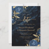 Chic Navy Blue Gold Floral Wedding Save the Date マグネット招待状 (正面)