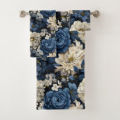 Chic Navy Blue Ivory Gold Flowers Bath Towel バスタオルセット (インサイチュ)