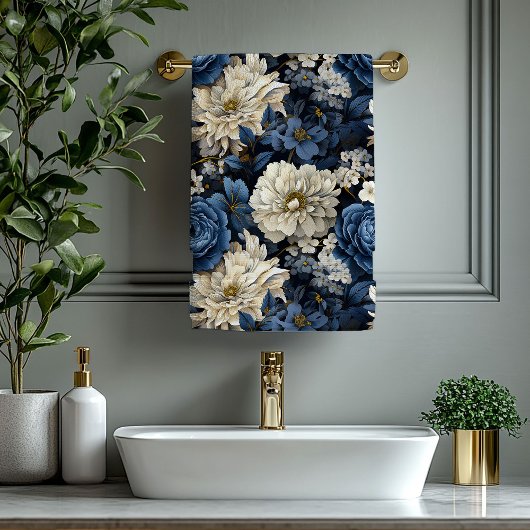 Chic Navy Blue Ivory Gold Flowers Bath Towel バスタオルセット