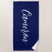 Chic Navy Blue Name Custom Handwritten Script ビーチタオル (正面)
