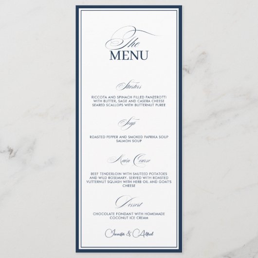 Chic Navy Blue Old Money Wedding Dinner Menu Card メニュー (正面)