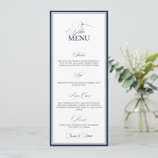 Chic Navy Blue Old Money Wedding Dinner Menu Card メニュー (スタンド正面)