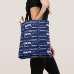 Chic Navy Blue Personalized Name Collage トートバッグ<br><div class="desc">Modern navy blue name collage allover tote bag decorated in nine different fonts customized with your name. Chic custom gift with cool typography in cursive text.</div>