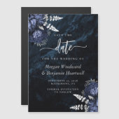 Chic Navy Blue Silver Floral Wedding Save the Date マグネット招待状 (正面/裏面)