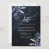 Chic Navy Blue Silver Floral Wedding Save the Date マグネット招待状 (正面)