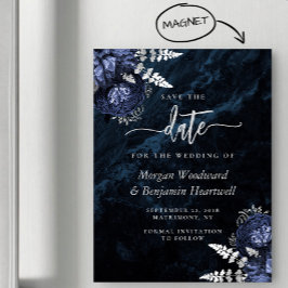 Chic Navy Blue Silver Floral Wedding Save the Date マグネット招待状