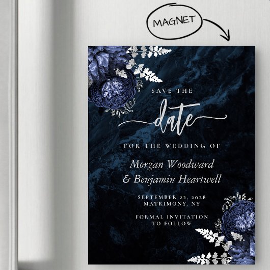 Chic Navy Blue Silver Floral Wedding Save the Date マグネット招待状