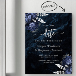Chic Navy Blue Silver Floral Wedding Save the Date マグネット招待状