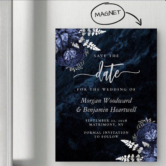 Chic Navy Blue Silver Floral Wedding Save the Date マグネット招待状