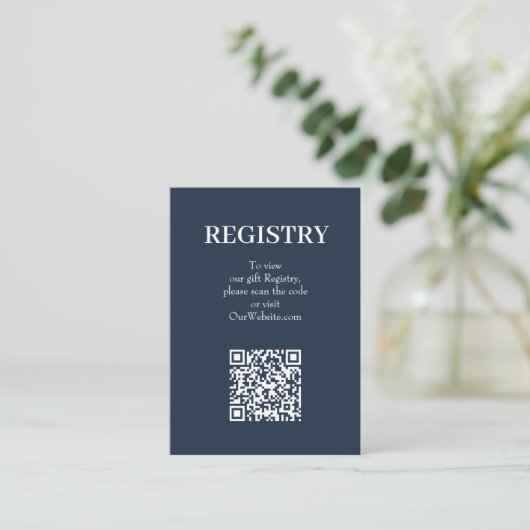 Chic Navy Blue Wedding Registry QR Code エンクロージャーカード (スタンド正面)