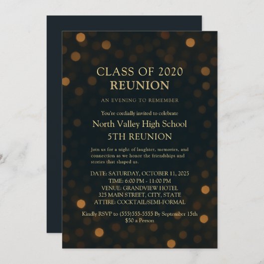 Chic Navy Gold 5th Class Reunion Invitation 招待状 (正面/裏面)