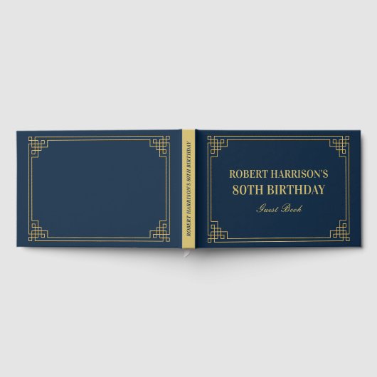 Chic Navy Gold Art Deco 80th Birthday Celebration ゲストブック (全面)