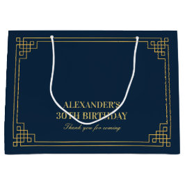 Chic Navy Gold Art Deco Birthday  ラージペーパーバッグ