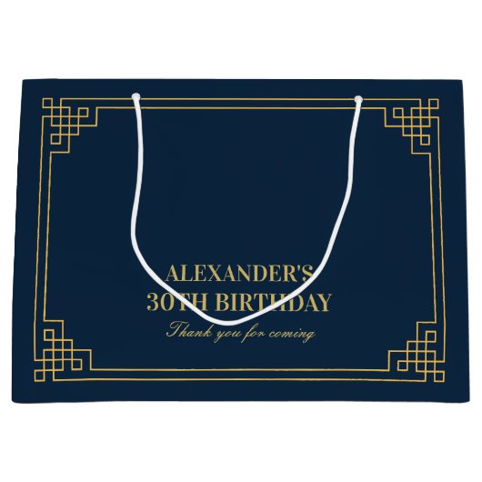 Chic Navy Gold Art Deco Birthday  ラージペーパーバッグ (正面)