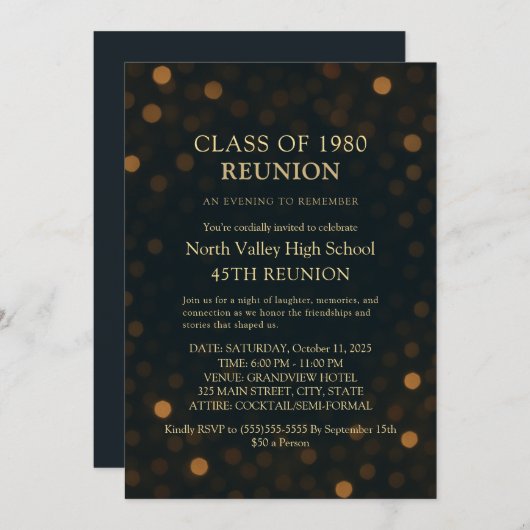 Chic Navy Gold Bokeh 45th Class Reunion Invitation 招待状 (正面/裏面)