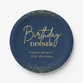 Chic Navy Gold Glitter Confetti Birthday Dinner ペーパープレート