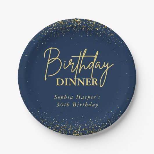 Chic Navy Gold Glitter Confetti Birthday Dinner ペーパープレート (正面)