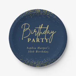 Chic Navy Gold Glitter Confetti Birthday Party ペーパープレート
