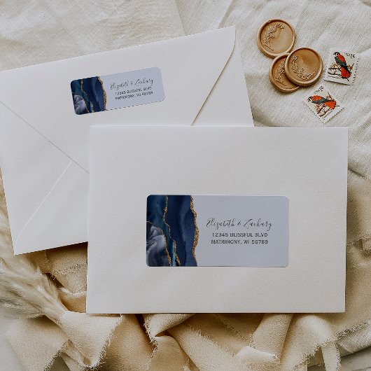 Chic Navy Pale Blue Gold Wedding Return Address ラベル