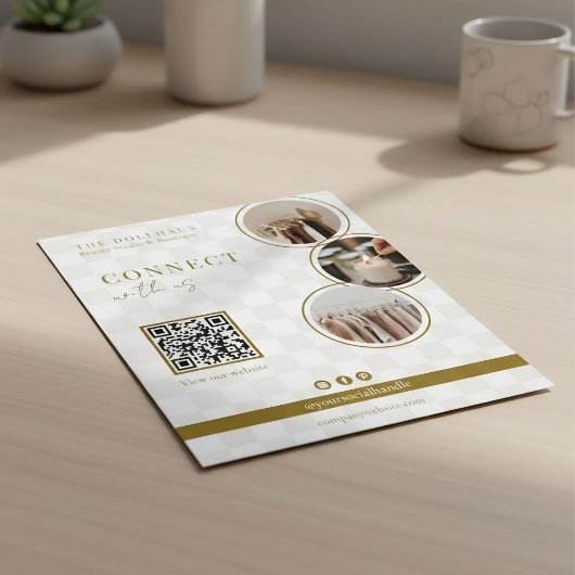 Chic Neutral Checker Boutique QR Code Photo チラシ