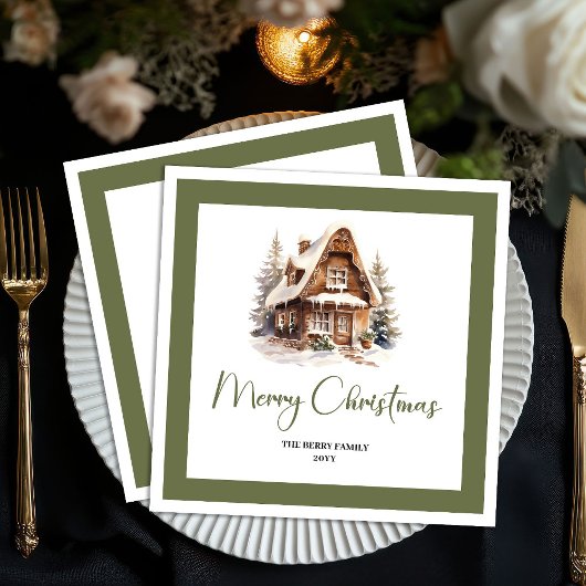 Chic Neutral Christmas House Family Name Napkins スタンダードカクテルナプキン