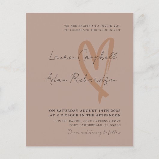 Chic Neutral Drawn Heart BUDGET Wedding Invitation (正面)