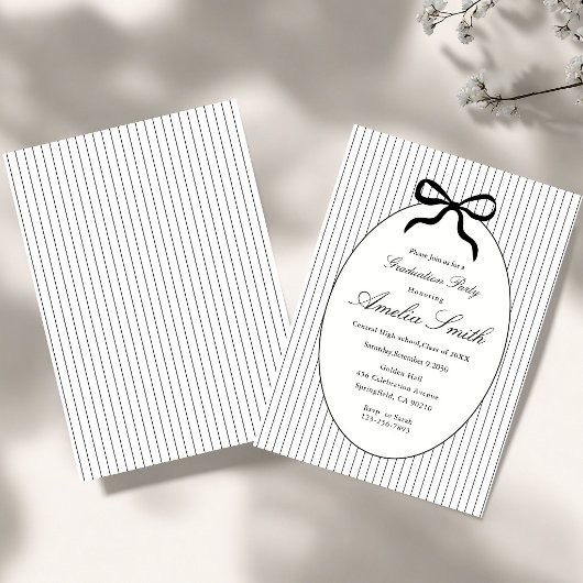 Chic Neutral Striped Bow Graduation Invitation 招待状