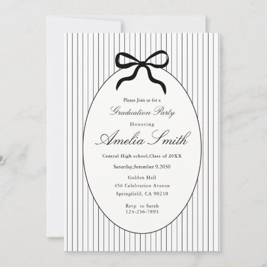 Chic Neutral Striped Bow Graduation Invitation 招待状 (正面)