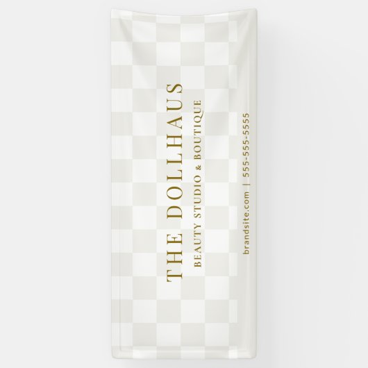 Chic Neutral Tan Checkered Shop Name  横断幕 (縦)