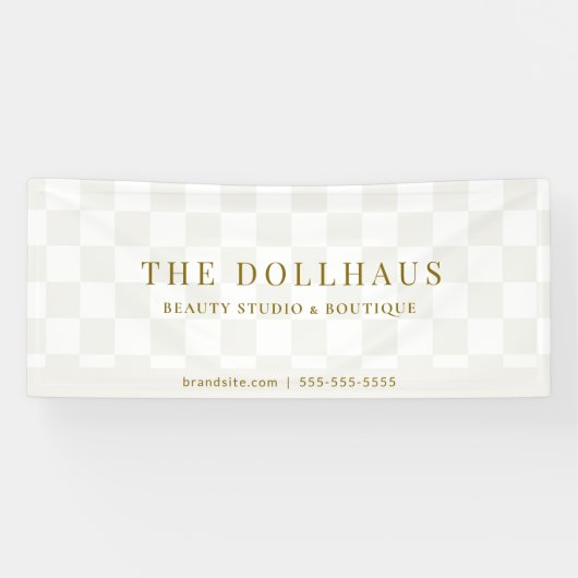 Chic Neutral Tan Checkered Shop Name  横断幕 (横)
