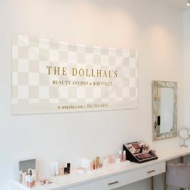 Chic Neutral Tan Checkered Shop Name  横断幕