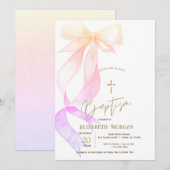 Chic Ombre Bow Gold Cross Baptism 招待状 (正面/裏面)