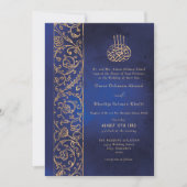 Chic Ornate Floral Gold & Blue Islamic Wedding 招待状 (正面)