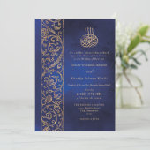 Chic Ornate Floral Gold & Blue Islamic Wedding 招待状 (スタンド正面)