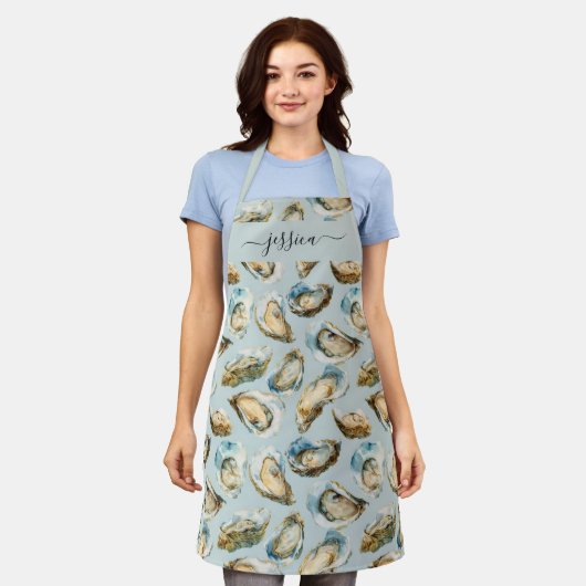 Chic oysters pattern script name apron エプロン (着用した状態)