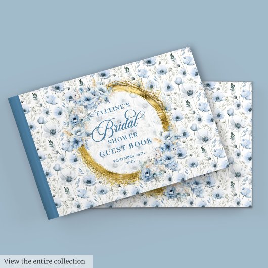 Chic Pale Blue Gold Wild Flowers Bridal Shower ゲストブック