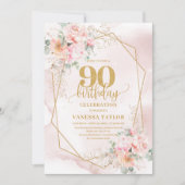 Chic Pale Pink Gold Glitter Flowers 90th Invite 招待状 (正面)